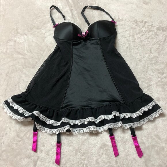 La Senza Beyond Cleavage Black & Pink Satin And Mesh Babydoll Size XS - Picture 3 of 9